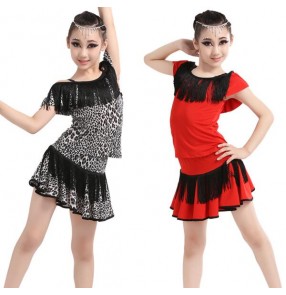 Leopard printed red black patchwork sleeveless girls kids child children toddlers school play competition gymnastics latin salsa cha cha dance dresses